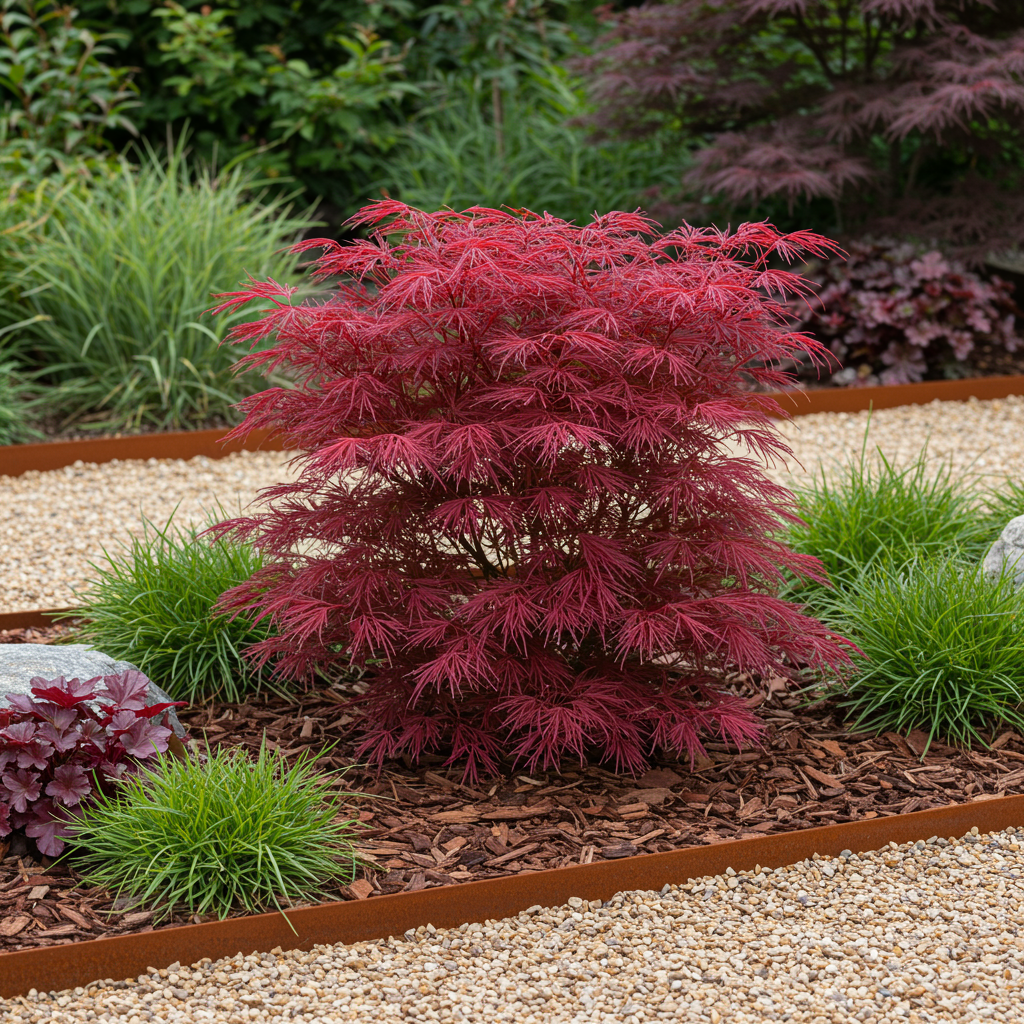 Green boutiQ – Terrassenpflanze – Japanischer Ahorn – Acer palmatum Skeetsers Broom – Lila – 2 Pflanzen – Laubabwerfend – Topf 19 cm, Höhe 70 cm