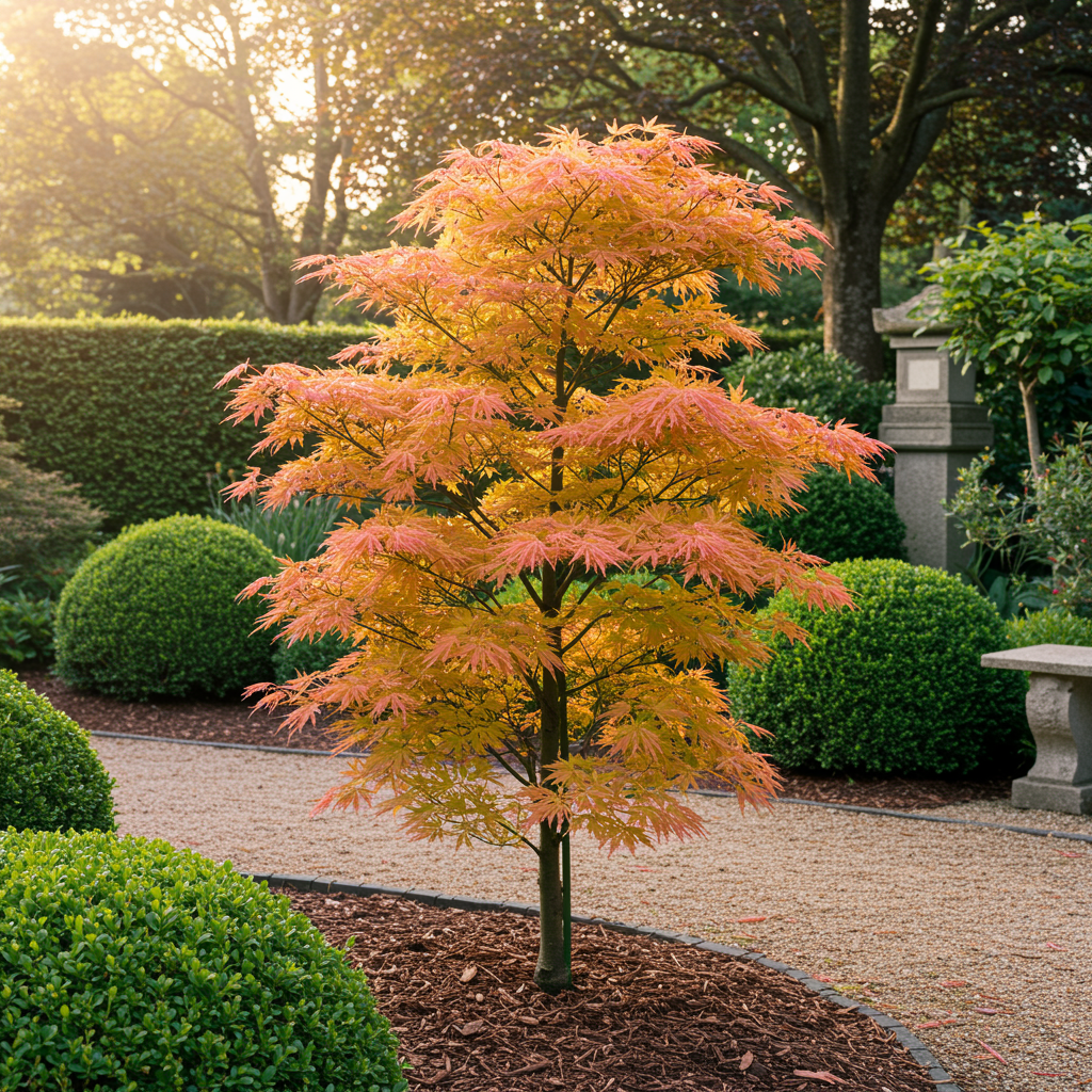 Green boutiQ – Terrassenpflanze – Japanischer Ahorn – Acer palmatum Katsura – Orange – 2 Pflanzen – Laubabwerfend – Topf 19 cm, Höhe 70 cm
