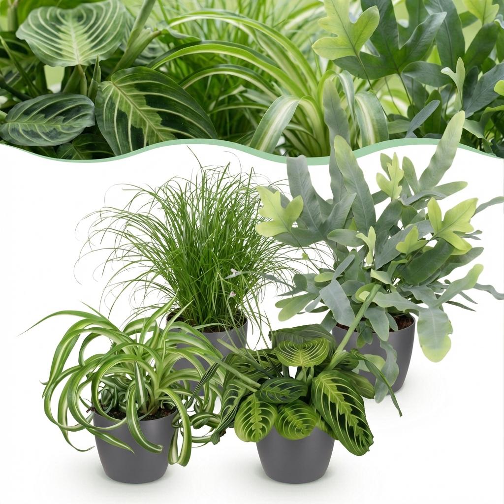 Green boutiQ - Kamerplant - Chlorophytum - Cyperus - Phlebodium - Marantha - Mix van 4 - Huisdiervriendelijke Planten - Groen - 4 Planten - met Potter Grijs - Pot 12cm - Hoogte 25cm