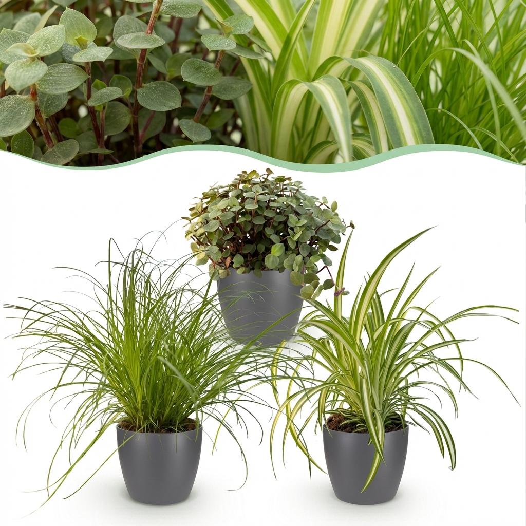 Green boutiQ - Kamerplant - Cyperus - Calissia - Chlorophytum - Mix van 3 - Huisdiervriendelijke Planten - Groen - 3 Planten - met Potter Grijs - Pot 12cm - Hoogte 20cm
