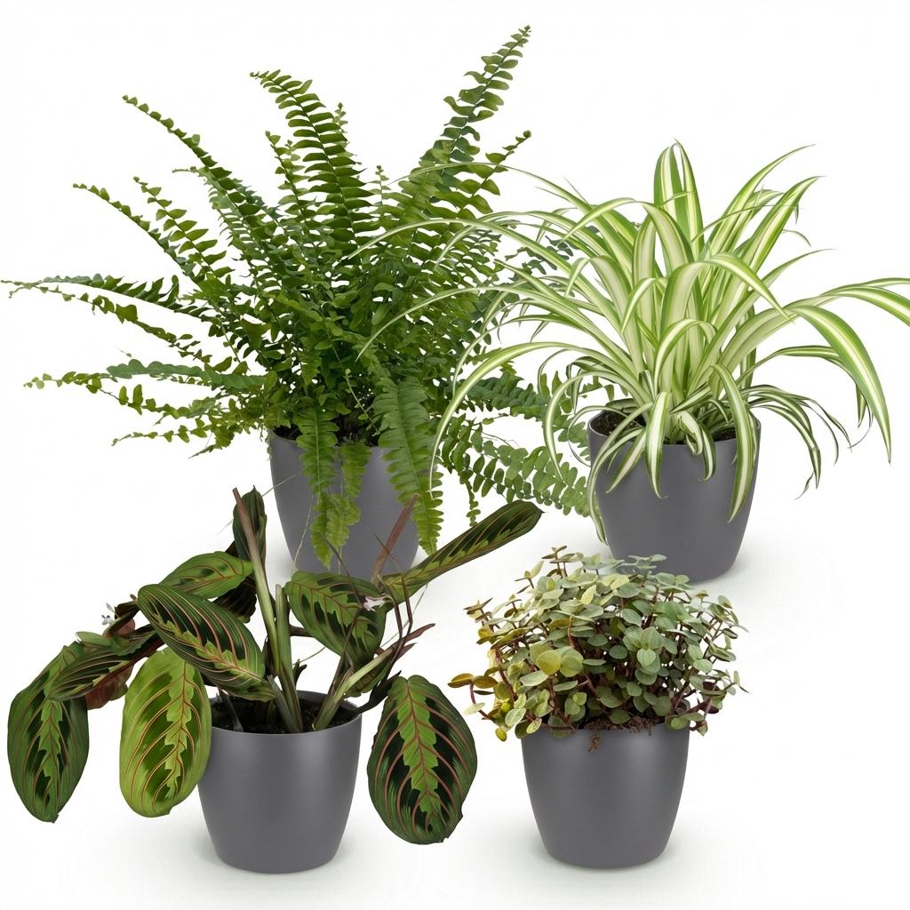 Green boutiQ - Kamerplant - Chlorophytum - Maranta - Calissia - Nephrolepsis - Mix van 4 - Huisdiervriendelijke Planten - Groen - 4 Planten - met Potter Grijs - Pot 12cm - Hoogte 25cm