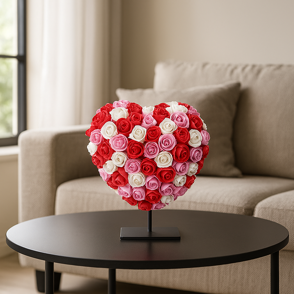 Hart DELUXE op standaard 15cm - Gemixt rood, roze en wit foam - in luxe Cadeauverpakking 15 cm