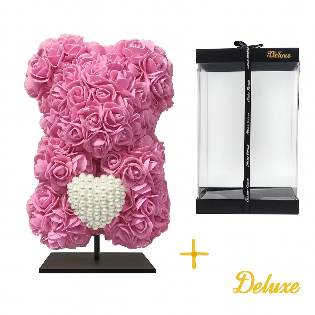 Beer DELUXE op standaard 25cm - fuchsia roze foam met diamanten hart - in luxe cadeauverpakking 25 cm