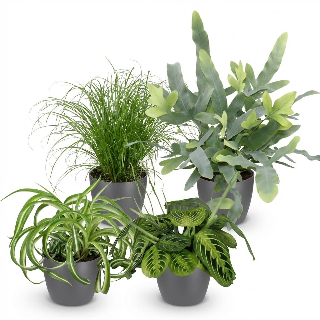 Green boutiQ - Kamerplant - Chlorophytum - Cyperus - Phlebodium - Marantha - Mix van 4 - Huisdiervriendelijke Planten - Groen - 4 Planten - met Potter Grijs - Pot 12cm - Hoogte 25cm