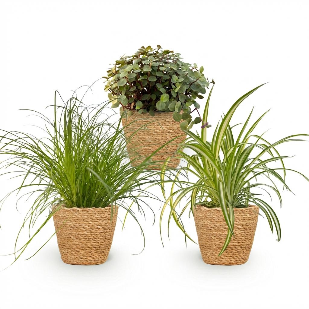 Green boutiQ - Kamerplant - Cyperus - Calissia - Chlorophytum - Mix van 3 - Huisdiervriendelijke Planten - Groen - 3 Planten - met Mand - Pot 12cm - Hoogte 20cm