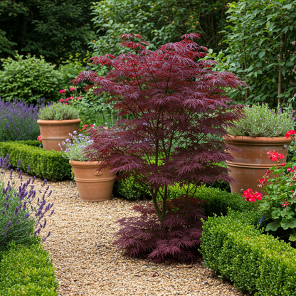 Green boutiQ – Terrassenpflanze – Japanischer Ahorn – Acer palmatum Bloodgood – Rot – 2 Pflanzen – Laubabwerfend – Topf 19 cm, Höhe 70 cm