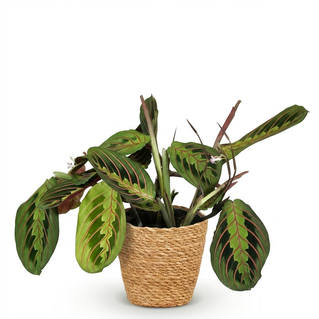 Green boutiQ - Kamerplant - Maranta Fascinator Tricolour - Gebedsplant - Huisdiervriendelijke Plant - Groen - 1 Plant - met Mand - Pot 12cm - Hoogte 25cm