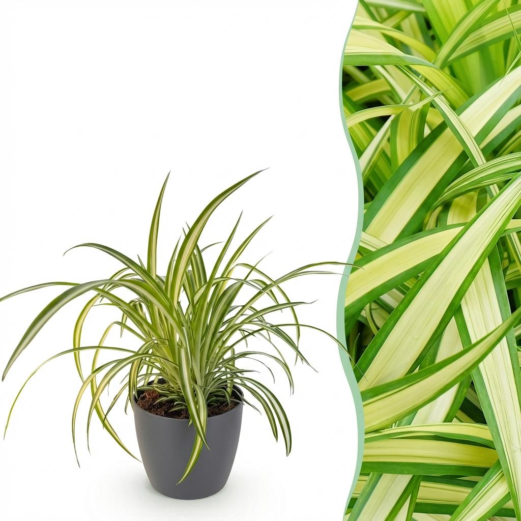 Green boutiQ - Kamerplant - Chlorophytum comosum Variegatum - Bonte Graslelie - Huisdiervriendelijke Plant - Groen - 1 Plant - met Potter Grijs - Pot 12cm - Hoogte 20cm