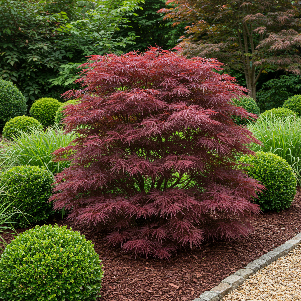 Green boutiQ – Terrassenpflanze – Japanischer Ahorn – Acer palmatum Sumi-nagashi – Rot – 2 Pflanzen – Laubabwerfend – Topf 19 cm, Höhe 70 cm