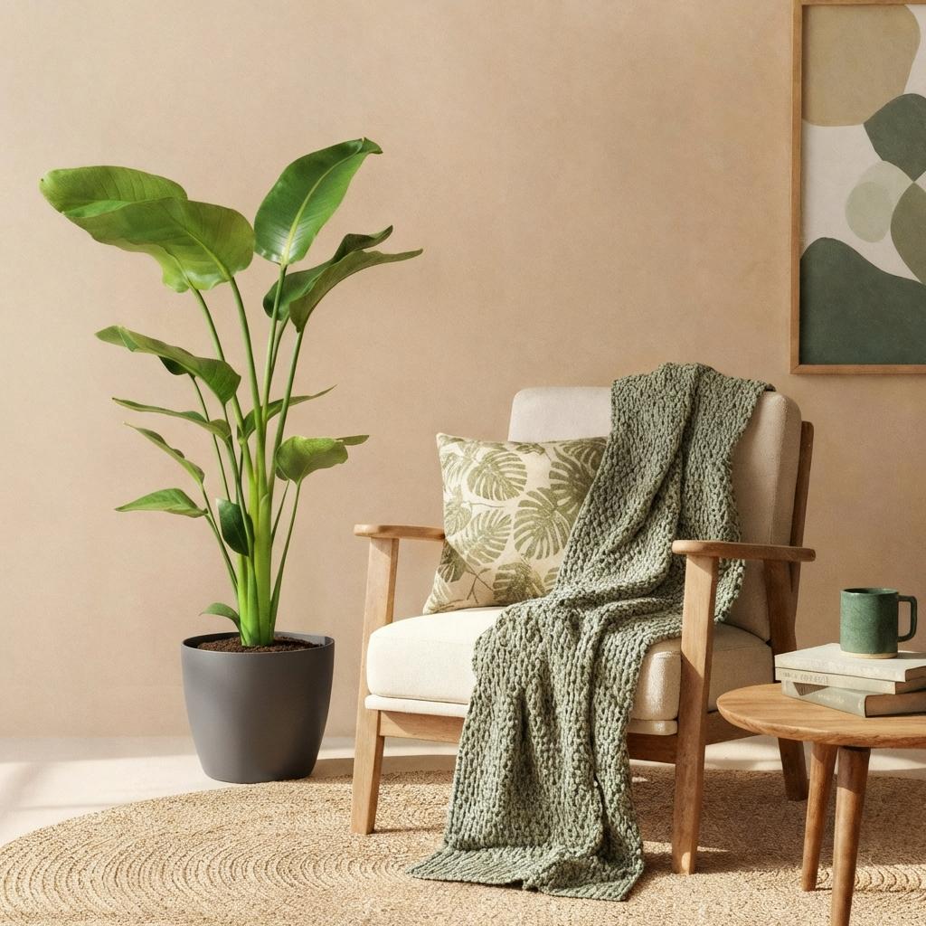 Green BoutiQ - Kamerplanten - Strelitzia Nicolai - Paradijsvogelbloem - Weinig onderhoud - Groen - 1 Plant - met Potter Grijs - Pot 21cm - Hoogte 110-120cm