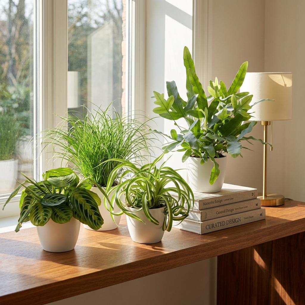 Green boutiQ - Kamerplant - Chlorophytum - Cyperus - Phlebodium - Marantha - Mix van 4 - Huisdiervriendelijke Planten - Groen - 4 Planten - met Potter Wit - Pot 12cm - Hoogte 25cm