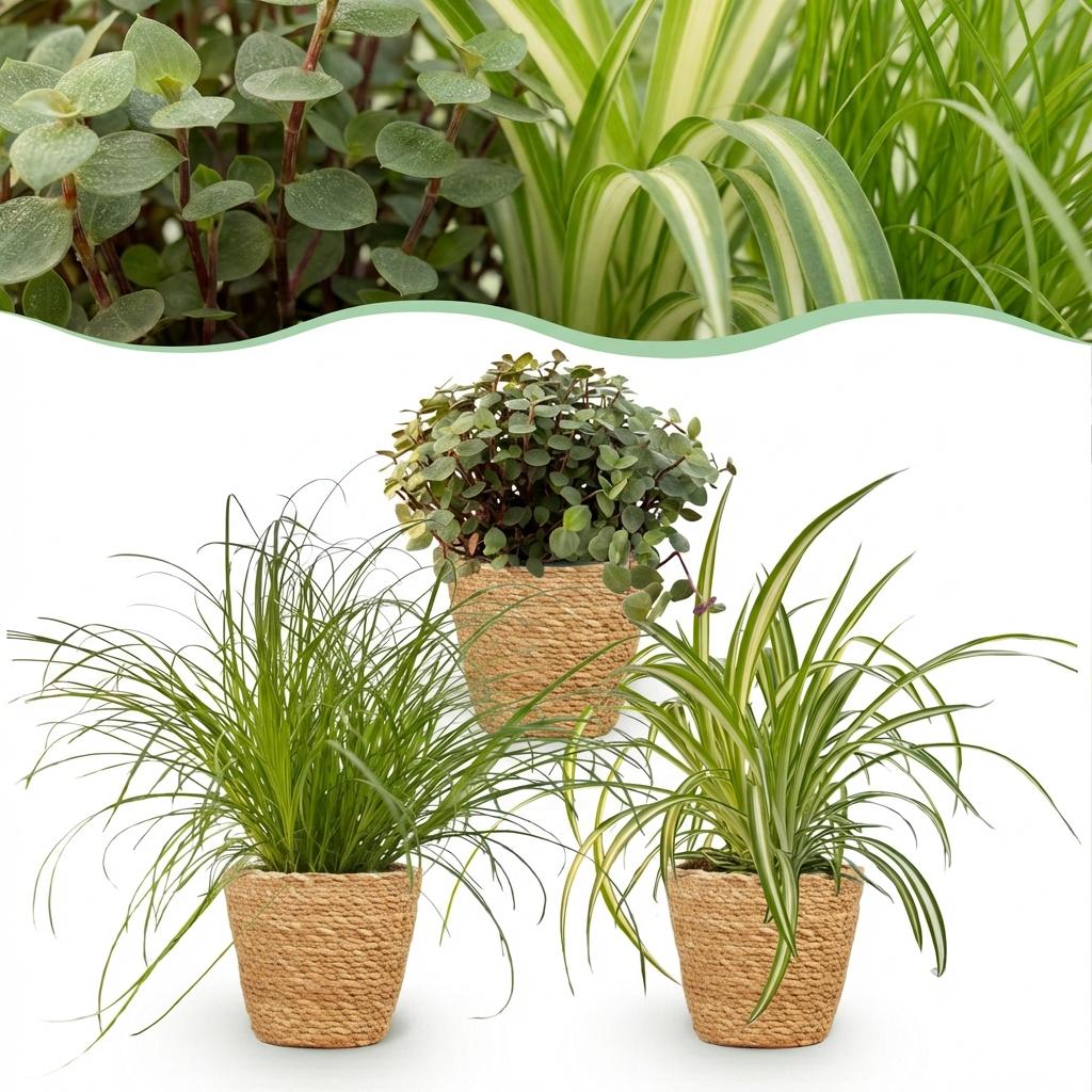 Green boutiQ - Kamerplant - Cyperus - Calissia - Chlorophytum - Mix van 3 - Huisdiervriendelijke Planten - Groen - 3 Planten - met Mand - Pot 12cm - Hoogte 20cm