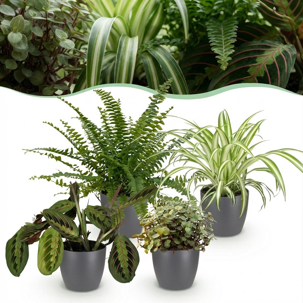 Green boutiQ - Kamerplant - Chlorophytum - Maranta - Calissia - Nephrolepsis - Mix van 4 - Huisdiervriendelijke Planten - Groen - 4 Planten - met Potter Grijs - Pot 12cm - Hoogte 25cm