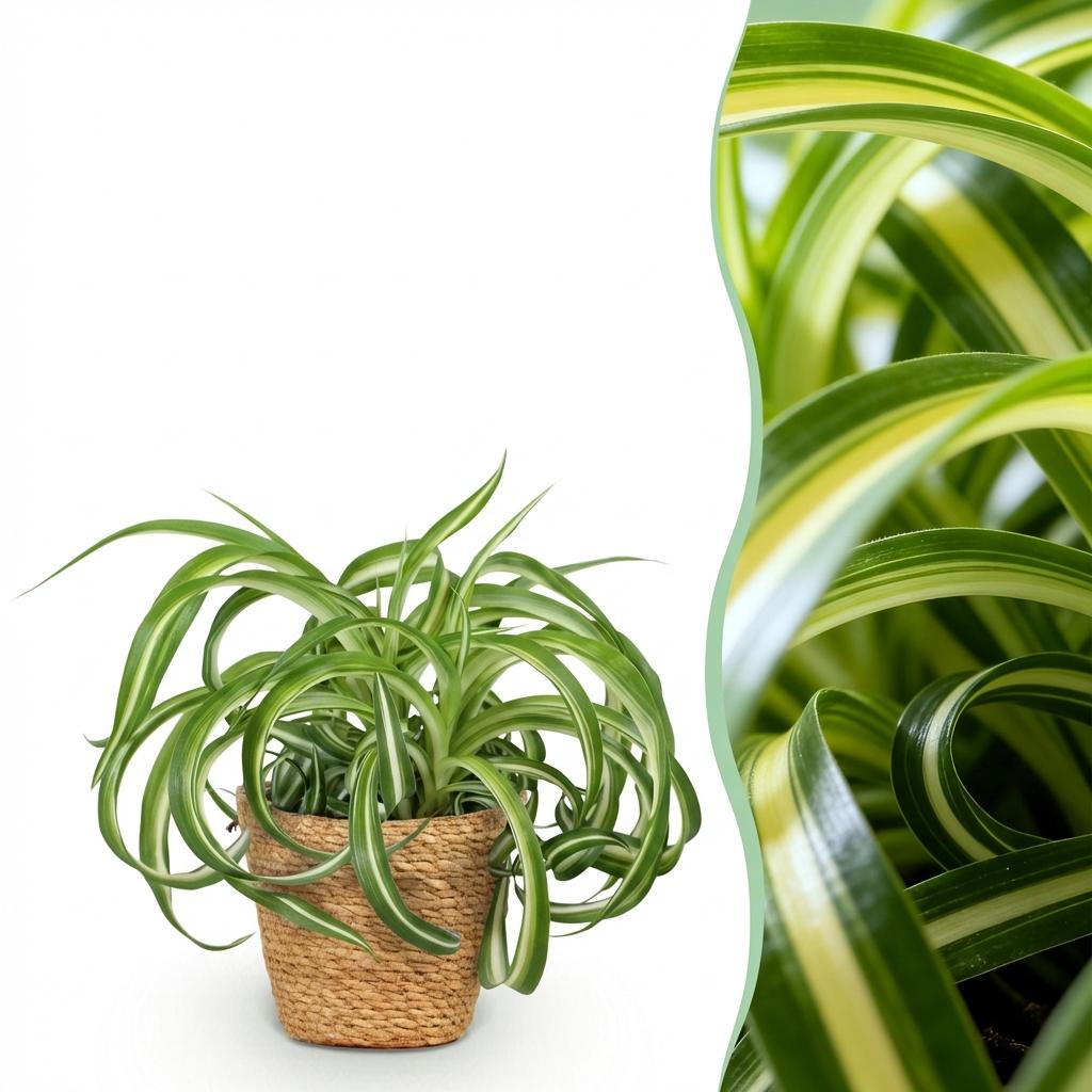 Green boutiQ - Kamerplant - Chlorophytum comosum Bonnie - Krullende Graslelie - Huisdiervriendelijke Plant - Groen - 1 Plant - met Mand - Pot 12cm - Hoogte 20cm