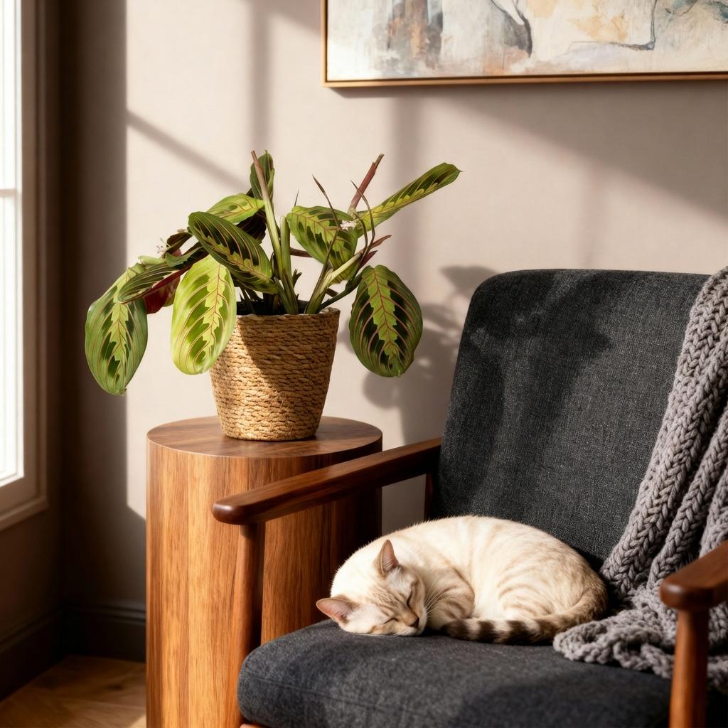 Green boutiQ - Kamerplant - Maranta Fascinator Tricolour - Gebedsplant - Huisdiervriendelijke Plant - Groen - 1 Plant - met Mand - Pot 12cm - Hoogte 25cm