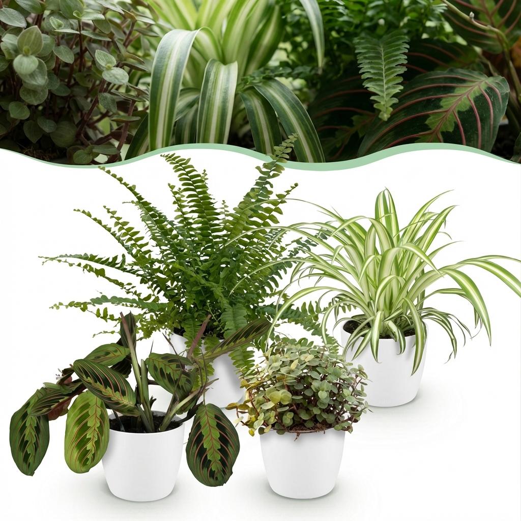 Green boutiQ - Kamerplant - Chlorophytum - Maranta - Calissia - Nephrolepsis - Mix van 4 - Huisdiervriendelijke Planten - Groen - 4 Planten - met Potter Wit - Pot 12cm - Hoogte 25cm