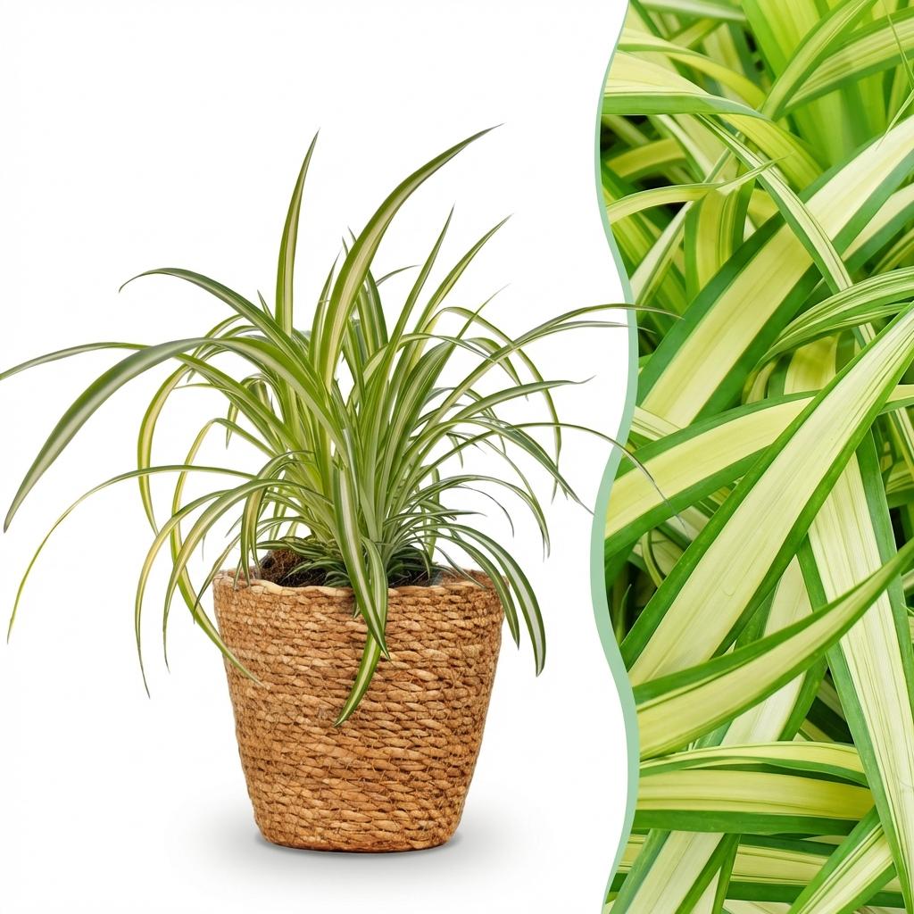 Green boutiQ – Zimmerpflanze – Chlorophytum comosum Variegatum – Bunte Graslilie – Haustierfreundliche Pflanze – Grün – 1 Pflanze – mit Korb – Topf 12 cm – Höhe 20 cm