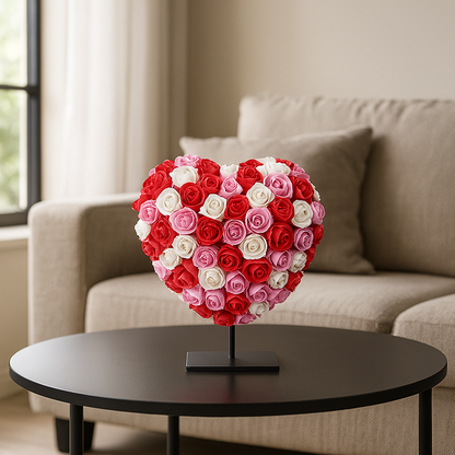 Heart DELUXE on stand 15cm - Mixed red, pink and white foam - in luxury gift packaging 15 cm