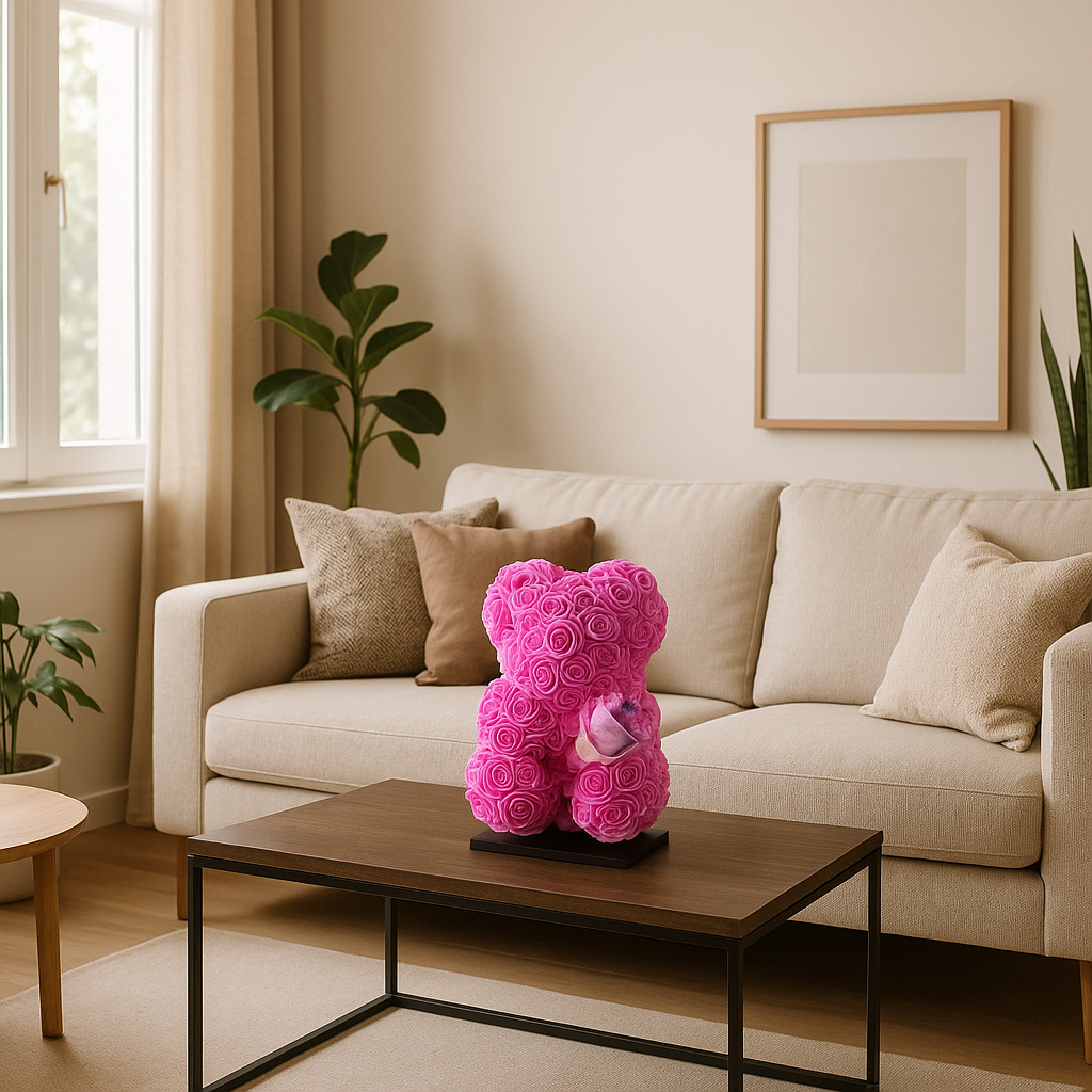 Beer DELUXE op standaard 25cm - fuchsia foam met boeket - in luxe cadeauverpakking 25 cm