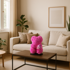 Beer DELUXE op standaard 25cm - fuchsia foam met boeket - in luxe cadeauverpakking 25 cm