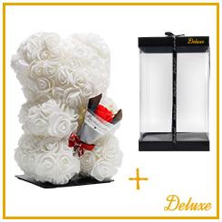 Beer DELUXE op standaard 25cm - wit foam met boeket - in luxe cadeauverpakking 25 cm