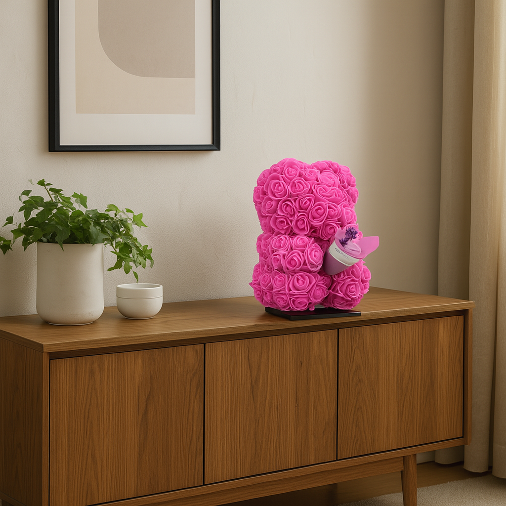 Beer DELUXE op standaard 25cm - fuchsia foam met boeket - in luxe cadeauverpakking 25 cm