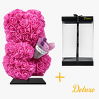 Beer DELUXE op standaard 25cm - fuchsia foam met boeket - in luxe cadeauverpakking 25 cm