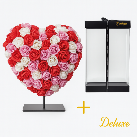 Heart DELUXE on stand 15cm - Mixed red, pink and white foam - in luxury gift packaging 15 cm