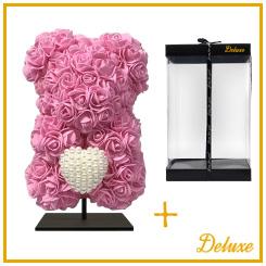 Beer DELUXE op standaard 25cm - fuchsia roze foam met diamanten hart - in luxe cadeauverpakking 25 cm