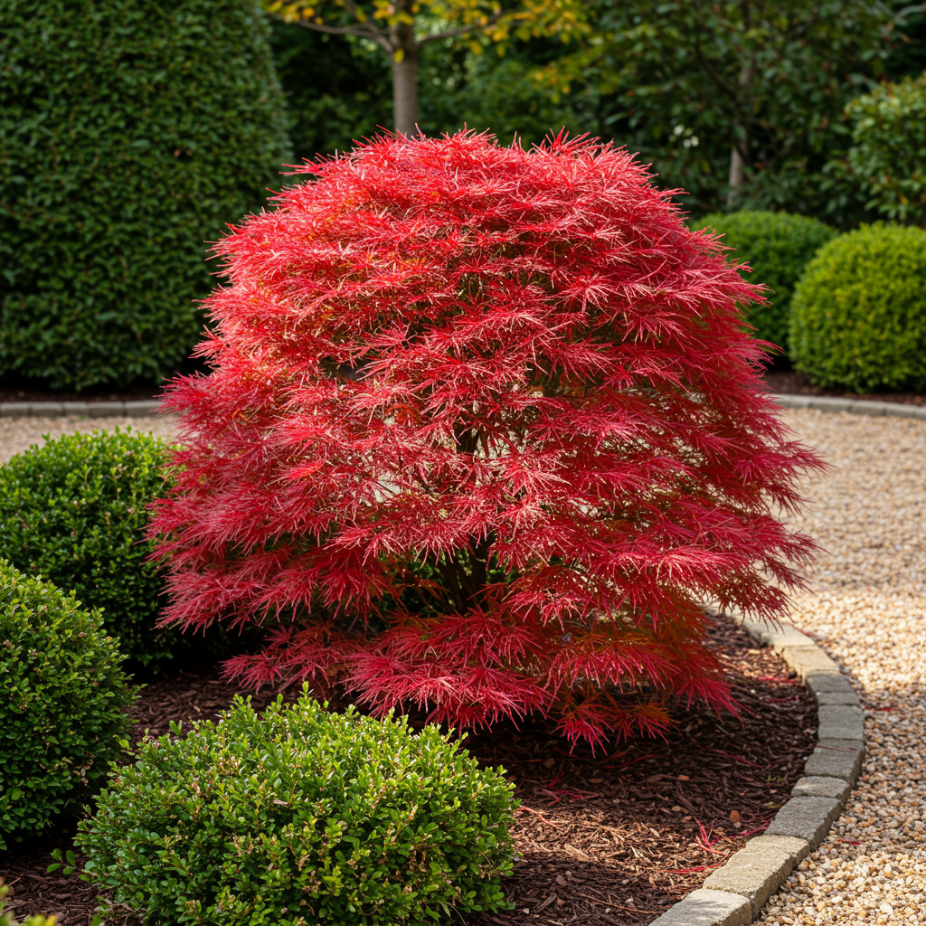Green boutiQ – Terrassenpflanze – Japanischer Ahorn – Acer palmatum Shaina – Rot – 2 Pflanzen – Laubabwerfend – Topf 19 cm, Höhe 70 cm