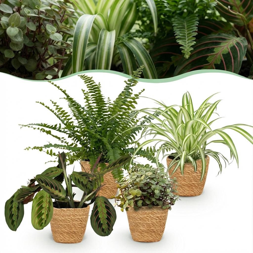 Green boutiQ - Kamerplant - Chlorophytum - Maranta - Calissia - Nephrolepsis - Mix van 4 - Huisdiervriendelijke Planten - Groen - 4 Planten - met Mand - Pot 12cm - Hoogte 25cm