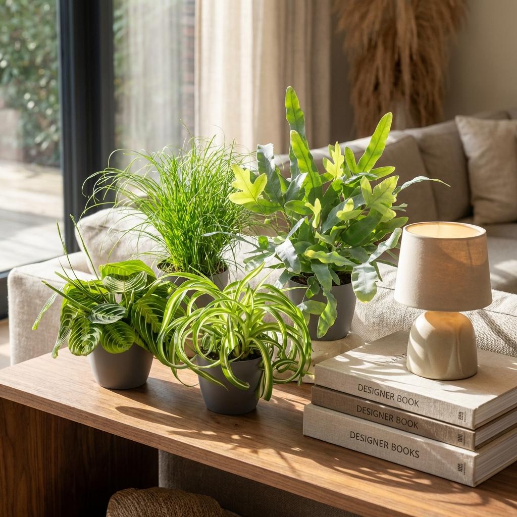 Green boutiQ - Kamerplant - Chlorophytum - Cyperus - Phlebodium - Marantha - Mix van 4 - Huisdiervriendelijke Planten - Groen - 4 Planten - met Potter Grijs - Pot 12cm - Hoogte 25cm